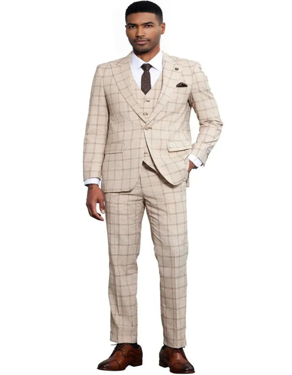 Men's Stacy Adams One Button Peak Lapel Vested Windowpane Tan Plaid Suit - Coat Size 38