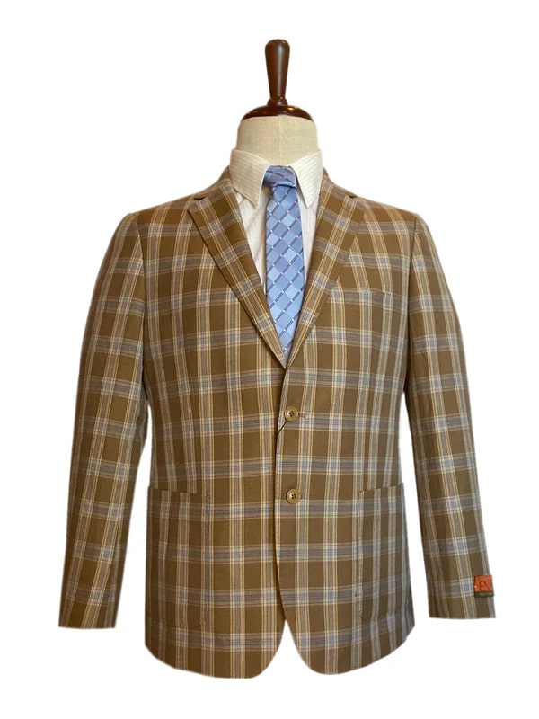ENZO - Classic Fit Sportcoat Tan Plaid - 38 Short Jacket+32 Waist Adjustable 28to34)(Height: 5 4 to5 7 )(Neck  15-16.5)S-M)