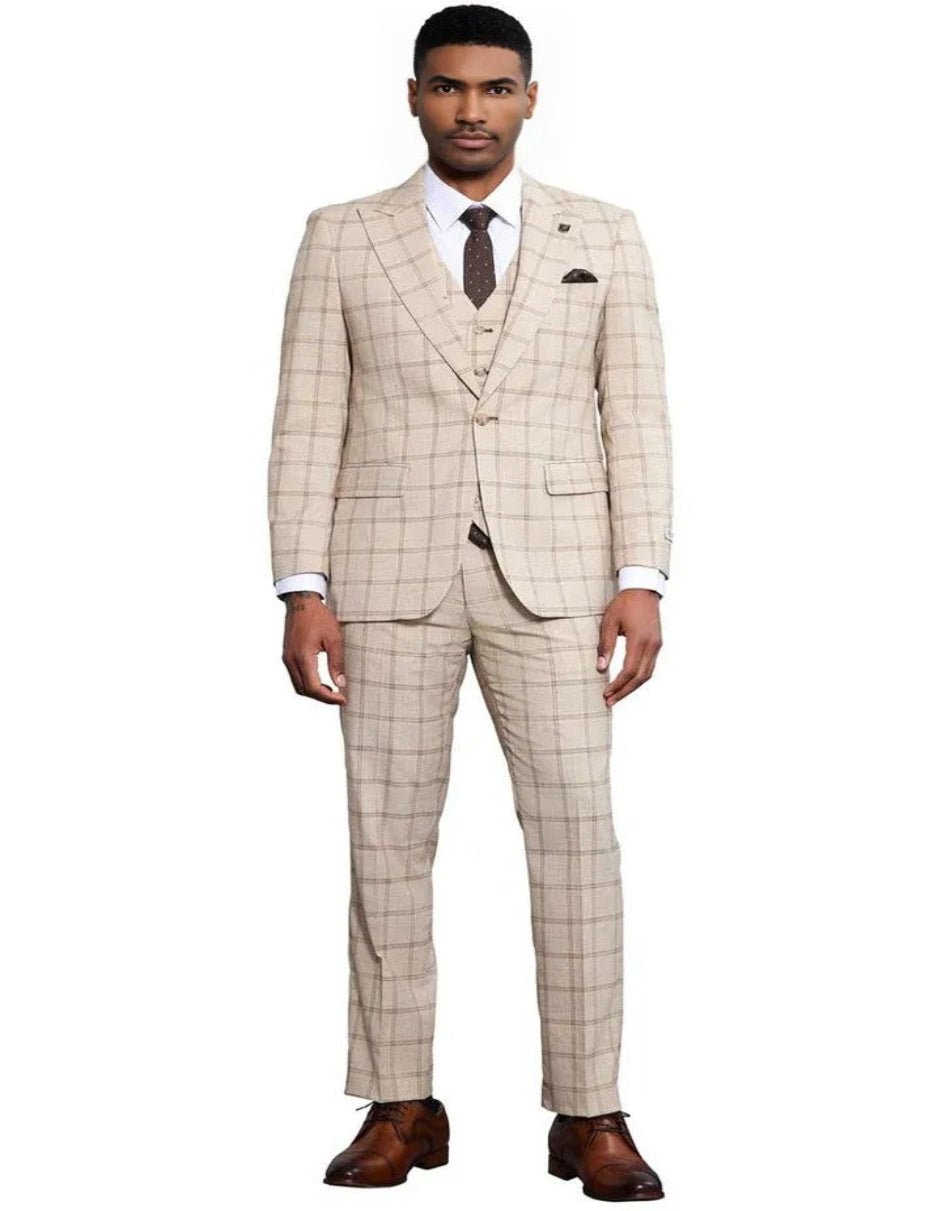 Men's Stacy Adams One Button Peak Lapel Vested Windowpane Tan Plaid Suit - Coat Size 38