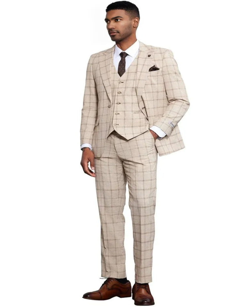 Men's Stacy Adams One Button Peak Lapel Vested Windowpane Tan Plaid Suit - Coat Size 38