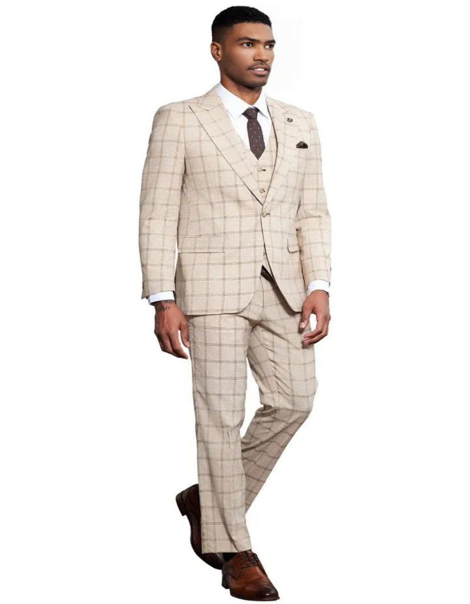 Men's Stacy Adams One Button Peak Lapel Vested Windowpane Tan Plaid Suit - Coat Size 38