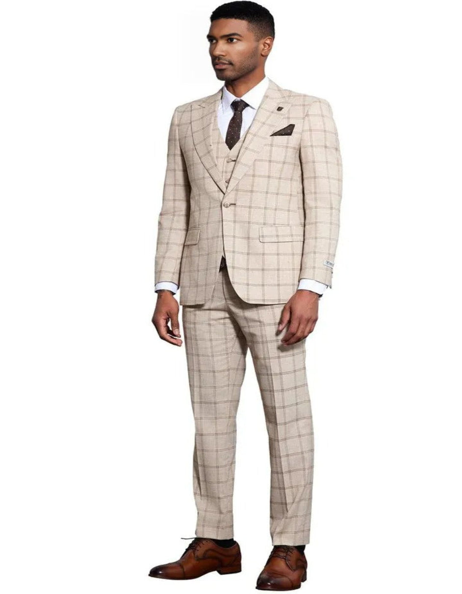 Men's Stacy Adams One Button Peak Lapel Vested Windowpane Tan Plaid Suit - Coat Size 38