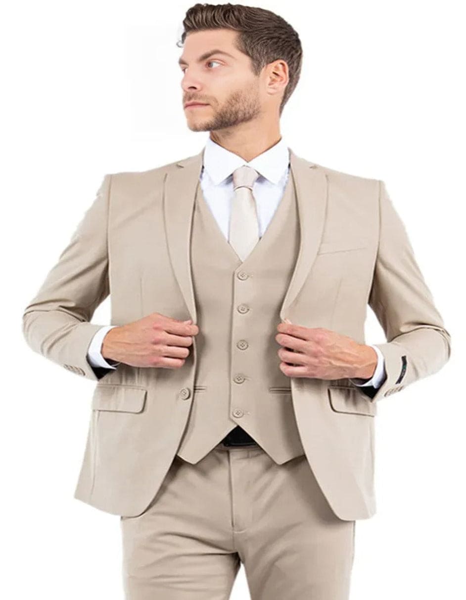 Men's One Button Vested Slim Fit Business Tan Wedding Suit - 34 Short or Extra Small