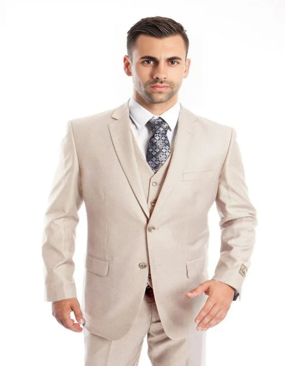 Men's Vested Two Button Solid Color Wedding and Business Tan Suit - Coat Size 38