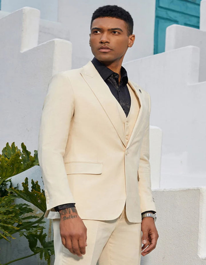Nude Color Suit -  Nude Tuxedo Light Color - Men's One Button Double Breasted Vest Slim Fit Sharkskin Wedding Tan Suit