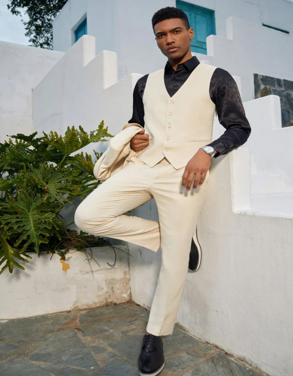 Nude Color Suit -  Nude Tuxedo Light Color - Men's One Button Double Breasted Vest Slim Fit Sharkskin Wedding Tan Suit - 34 Short or Extra Small