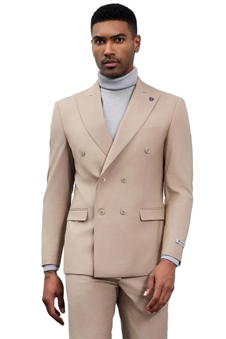 Cheap Suit - Men's Designer Stacy Adams Classic Double Breasted Tan Suit