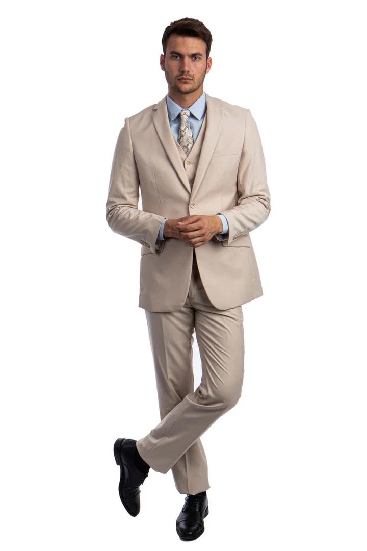 Cheap Suit - Men's Two Button Basic Hybrid Fit Vested Tan Suit