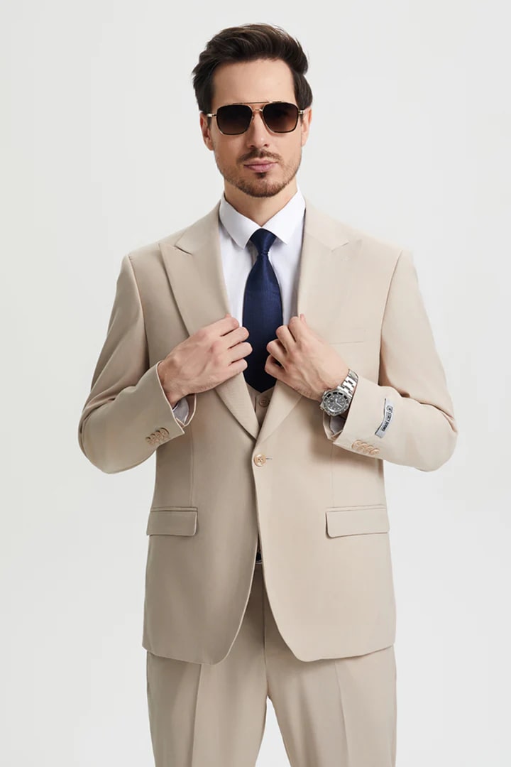 Cheap Priced Suit - Men's Vested Two Button Notch Lapel Stacy Adams Designer Tan Suit - 38 Short Jacket+32 Waist Adjustable 28to34)(Height: 5 4 to5 7 )(Neck  15-16.5)S-M)