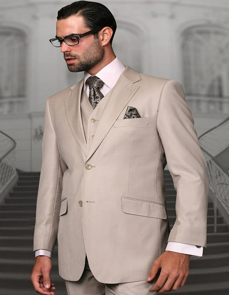 Nude Color Suit -  Nude Tuxedo Light Color - Men's Designer Vested Modern Fit Wool Wedding Tan Business Suit