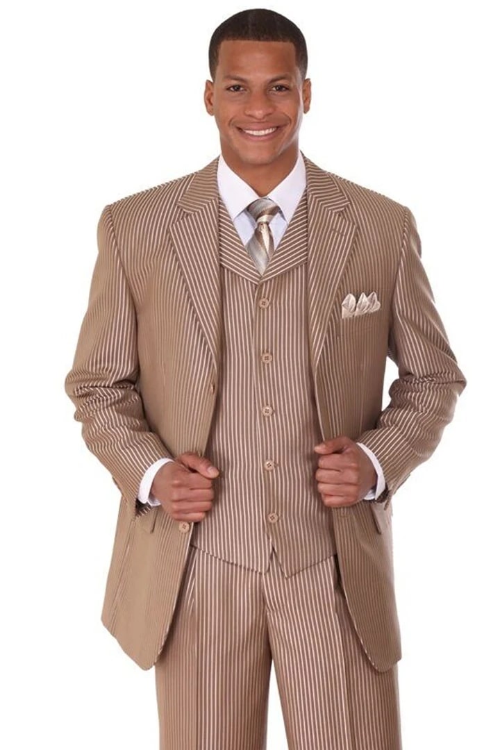 Cheap Suit - Mens 3 Button Vested Shiny Sharkskin Narrow Pinstripe  Tan Suit