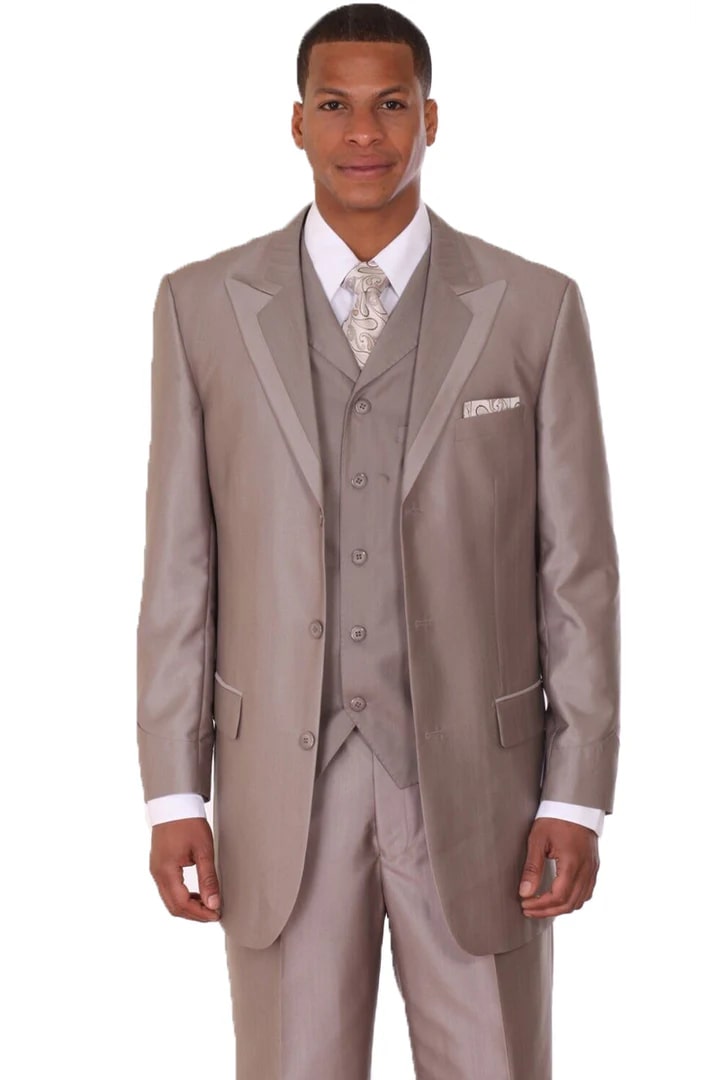 Cheap Suit - Mens 3 Button Vested Wide Peak Lapel Two Tone Sharkskin Tan Suit