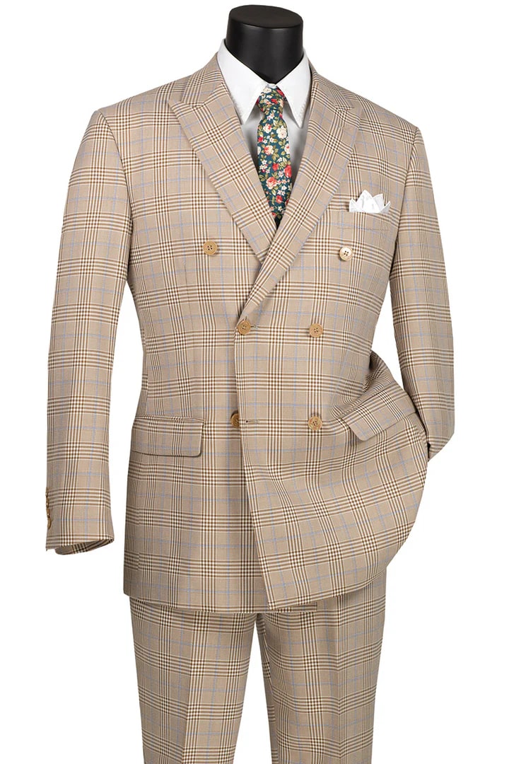 Cheap priced Suit - Mens Double Breasted Windowpane Plaid Tan Suit - 38 Short Jacket+32 Waist Adjustable 28to34)(Height: 5 4 to5 7 )(Neck  15-16.5)S-M)