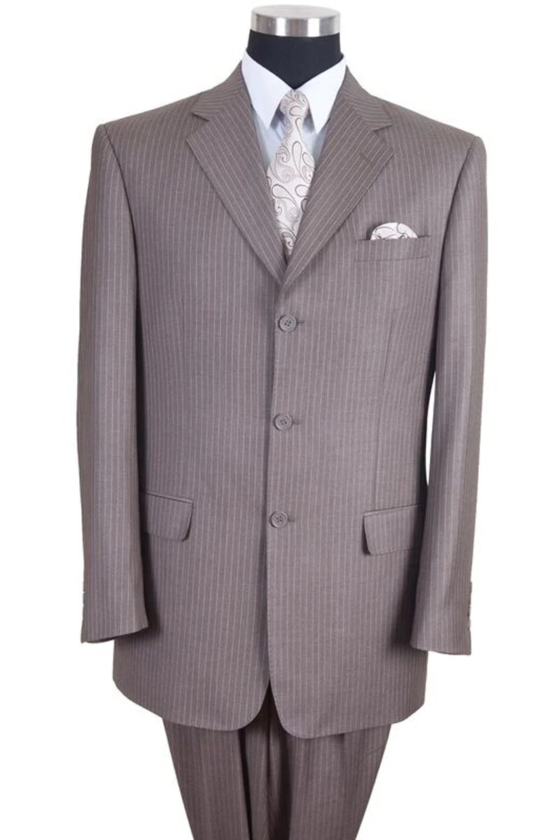 Mens Classic Fit 3 Button 2PC Pinstripe Suit in Tan