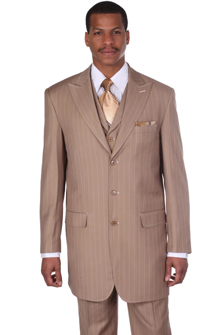 Cheap Suit - Mens Vintage Vested Gangster Bold Pinstripe Fashion Tan Suit