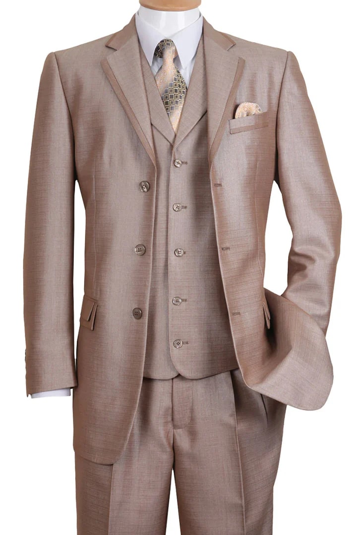 Cheap priced Suit- Mens 3 Button Vested Textured Shiny Sharkskin Church Tan Suit - 38 Short Jacket+32 Waist Adjustable 28to34)(Height: 5 4 to5 7 )(Neck  15-16.5)S-M)