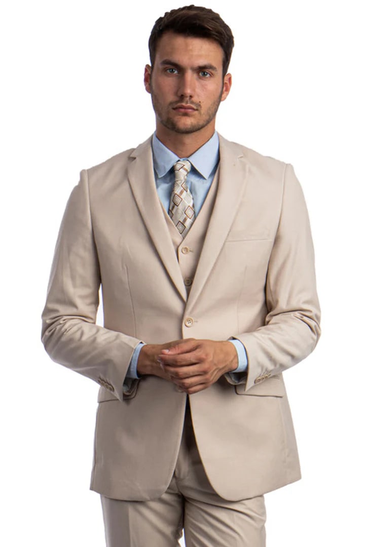 Cheap Suit - Men's Two Button Basic Hybrid Fit Vested Tan Suit