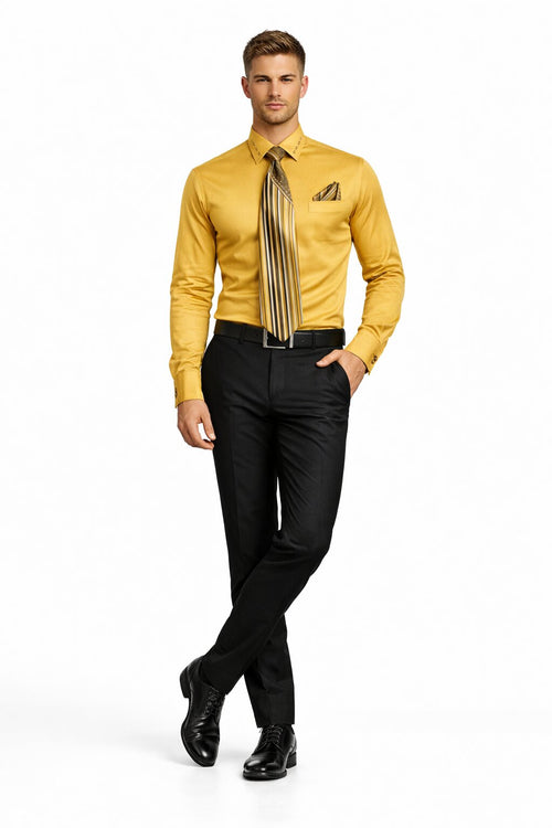 French Cuff + Tie + Handkerchief Men's Dress Shirt With Tie