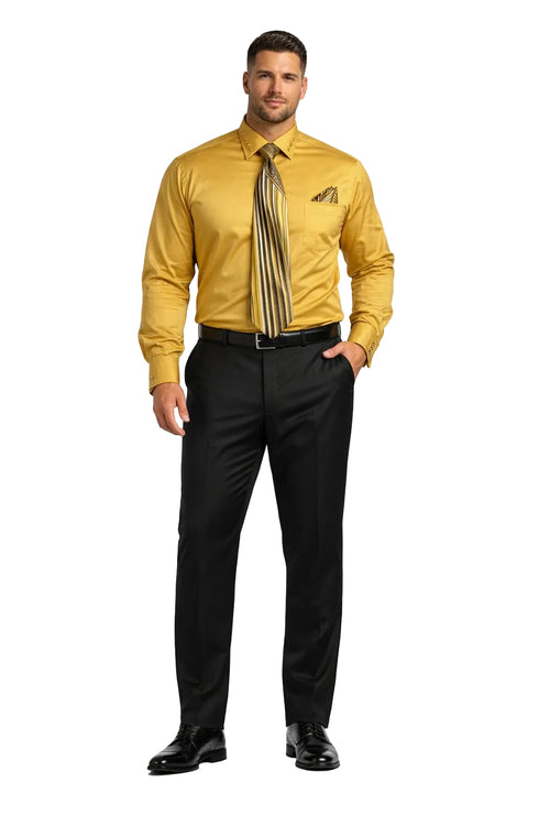 French Cuff + Tie + Handkerchief Men's Dress Shirt With Tie