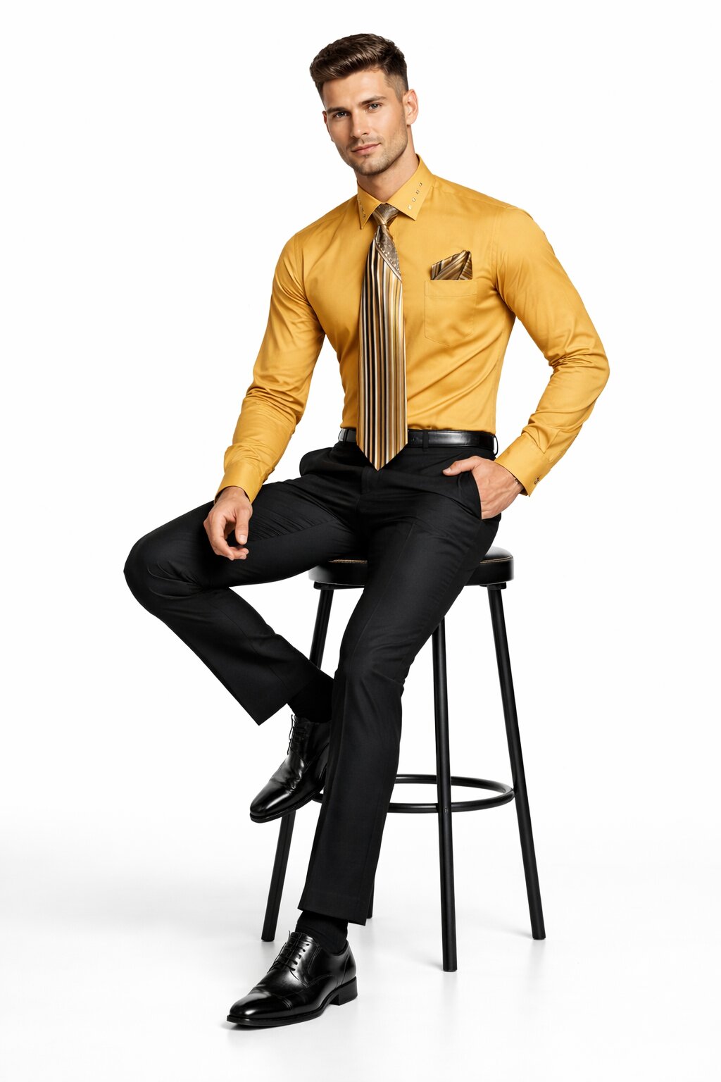 French Cuff + Tie + Handkerchief Men's Dress Shirt With Tie