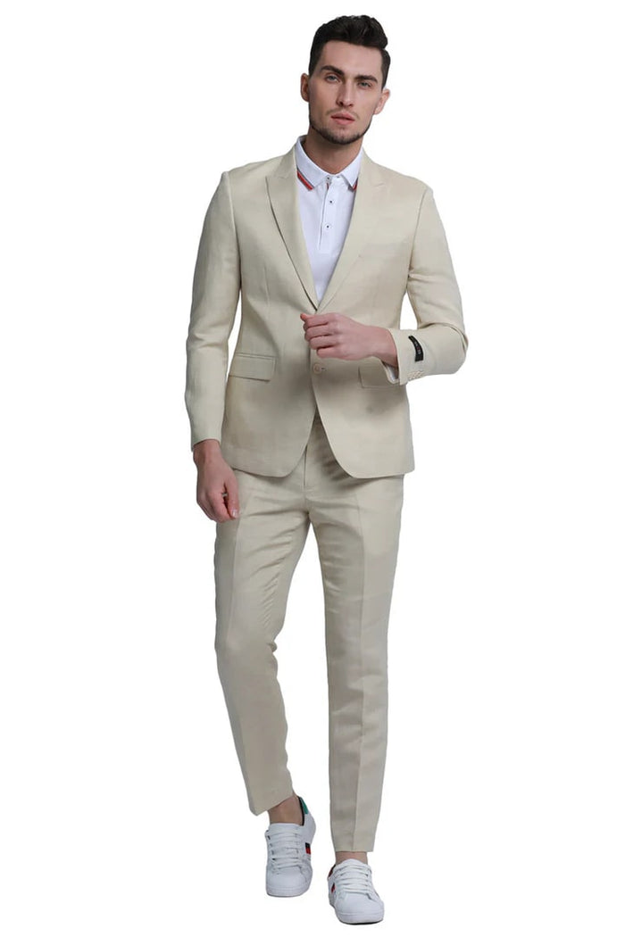 Cheap Priced Suit- Men's Two Button Peak Lapel Summer Linen Style Beach Wedding Tan Suit