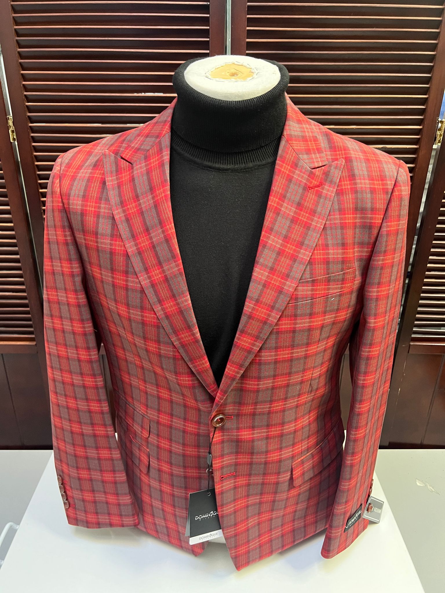 Modern Red Plaid Blazer â€“ Tartan Windowpane Pattern Christmas Party Color - 36 Short