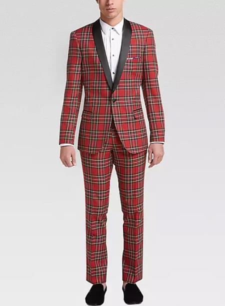 Mens Plaid Suit Tartan Red and Black Pattern Fully Lined One Button Suit