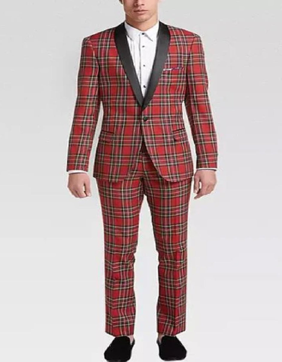 Mens Plaid Suit Tartan Red and Black Pattern Fully Lined One Button Suit - Coat Size 38