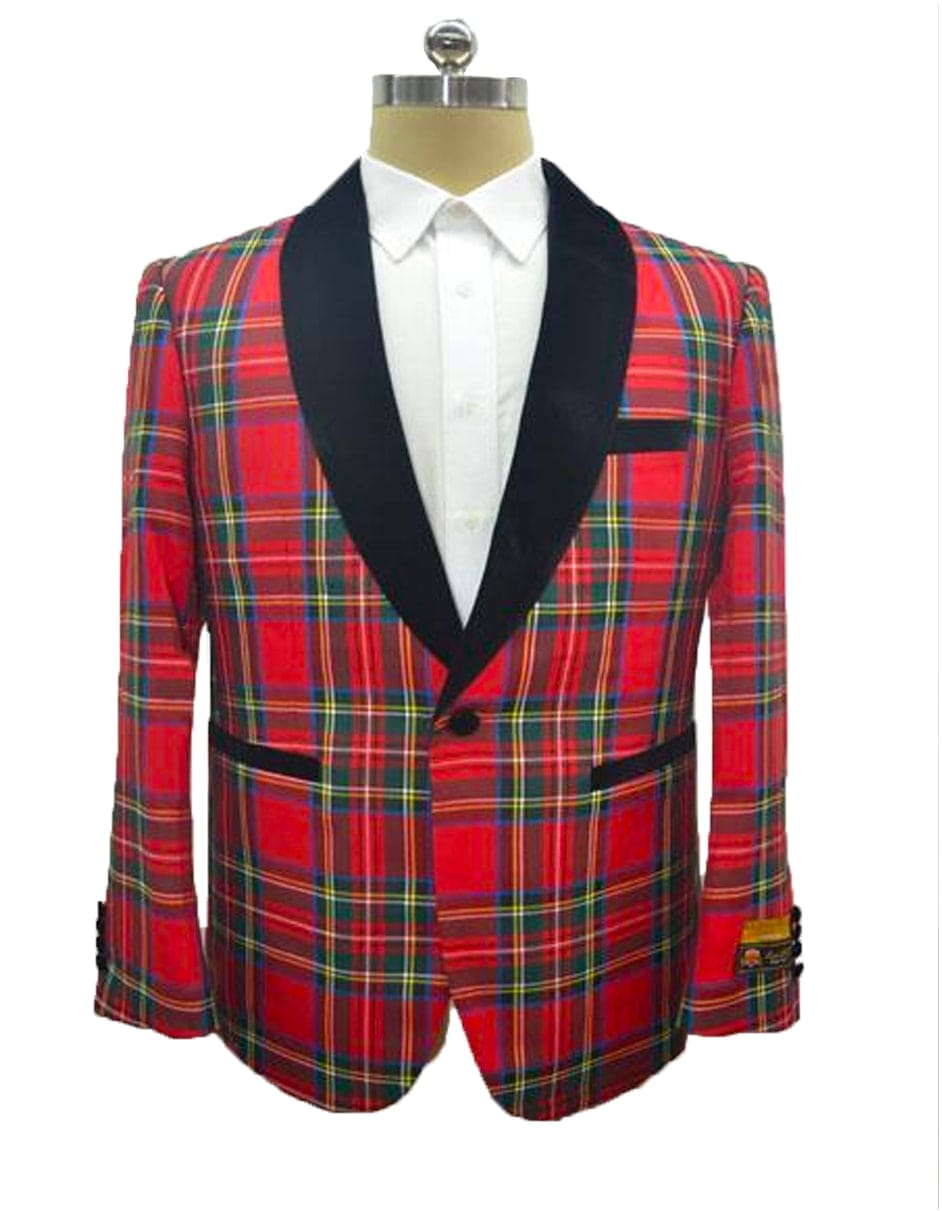 Mens Tartan Plaid Christmas Holiday Festive Blazer in Red - S