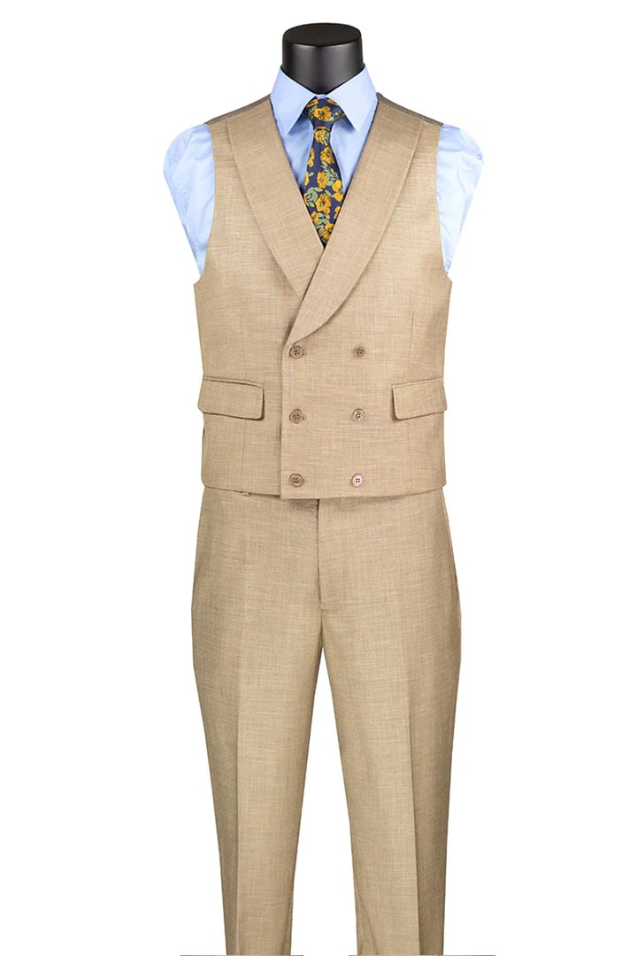 Cheap priced Suit - Men's Summer Sharkskin Taupe Suit With Double Breasted Vest - 38 Short Jacket+32 Waist Adjustable 28to34)(Height: 5 4 to5 7 )(Neck  15-16.5)S-M)
