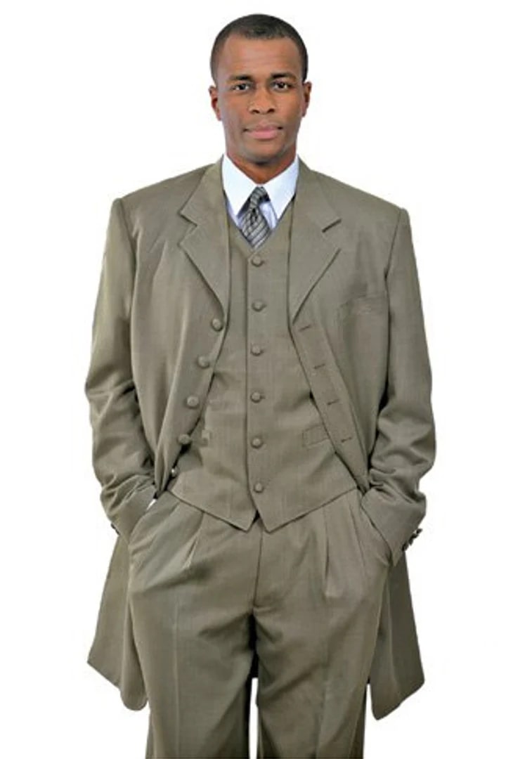Cheap Priced Suit- Mens Long Vested Fashion Zoot Taupe Suit - 38 Short Jacket+32 Waist Adjustable 28to34)(Height: 5 4 to5 7 )(Neck  15-16.5)S-M)