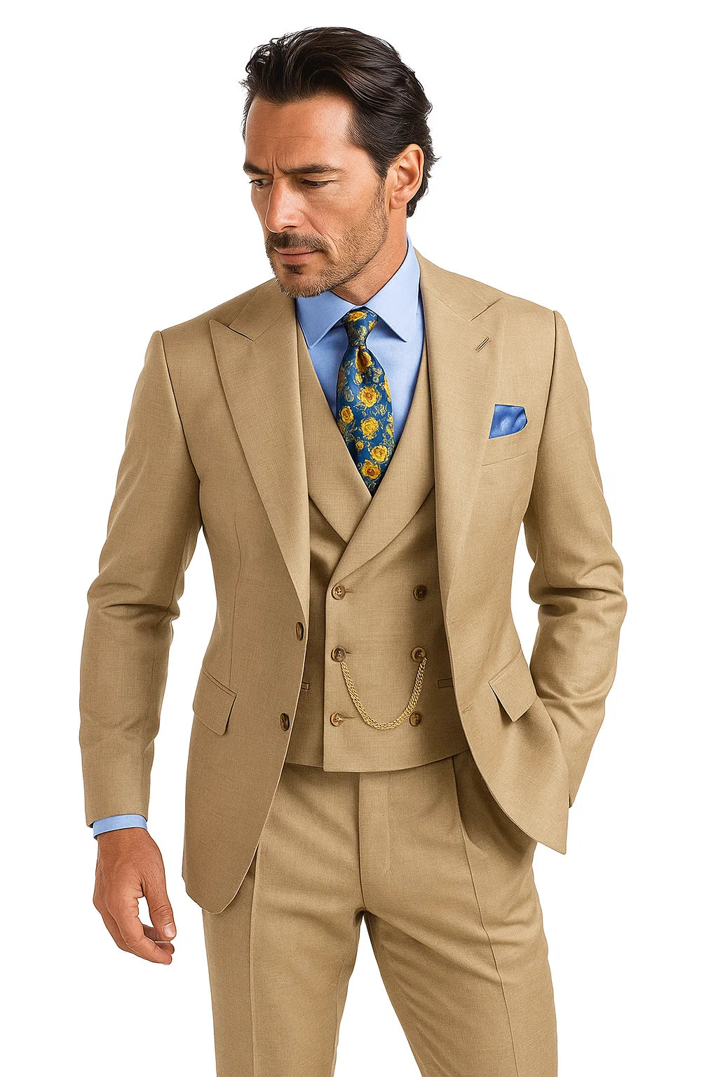 Taupe Modern Fit 3-Piece Suit with Lapel Vest & Adjustable Pants - Taupe
