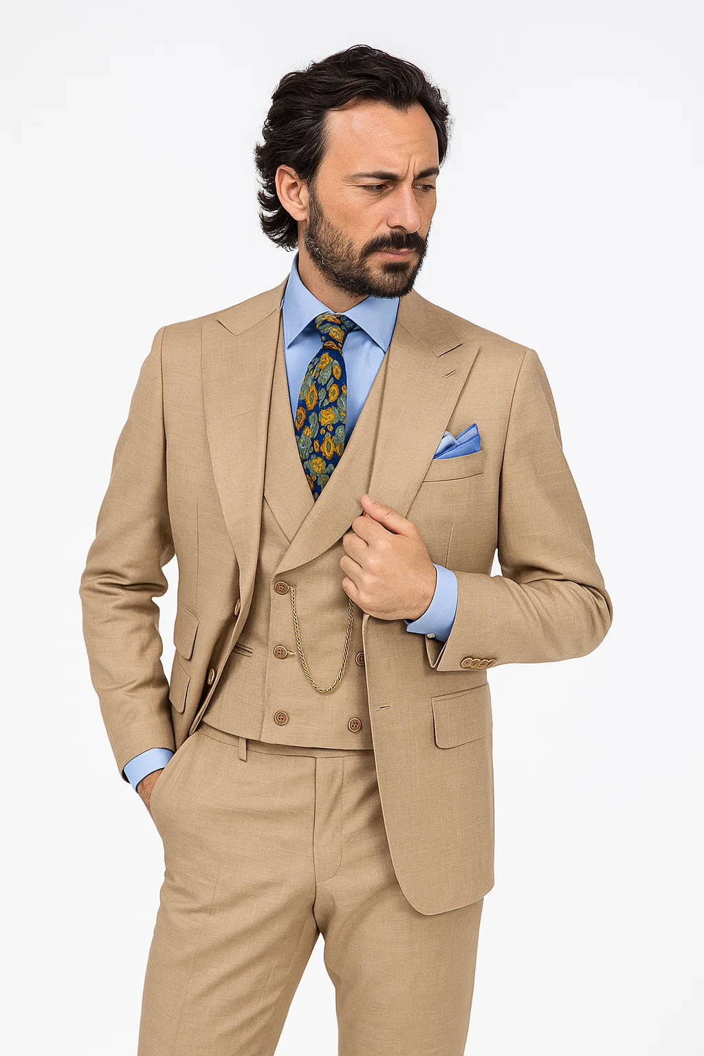 Taupe Modern Fit 3-Piece Suit with Lapel Vest & Adjustable Pants - Taupe