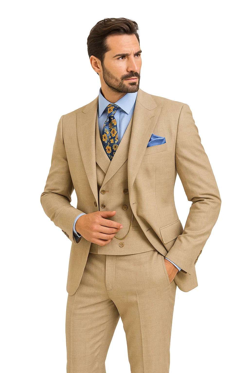 Taupe Modern Fit 3-Piece Suit with Lapel Vest & Adjustable Pants - Taupe