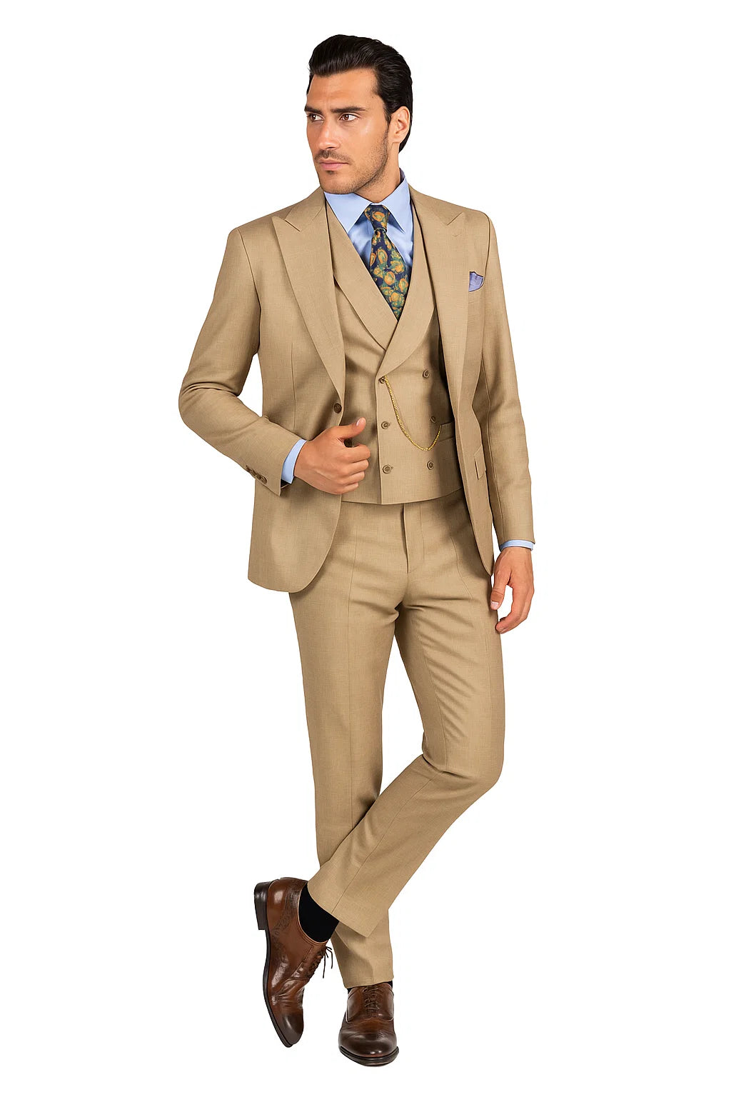Taupe Modern Fit 3-Piece Suit with Lapel Vest & Adjustable Pants - Taupe