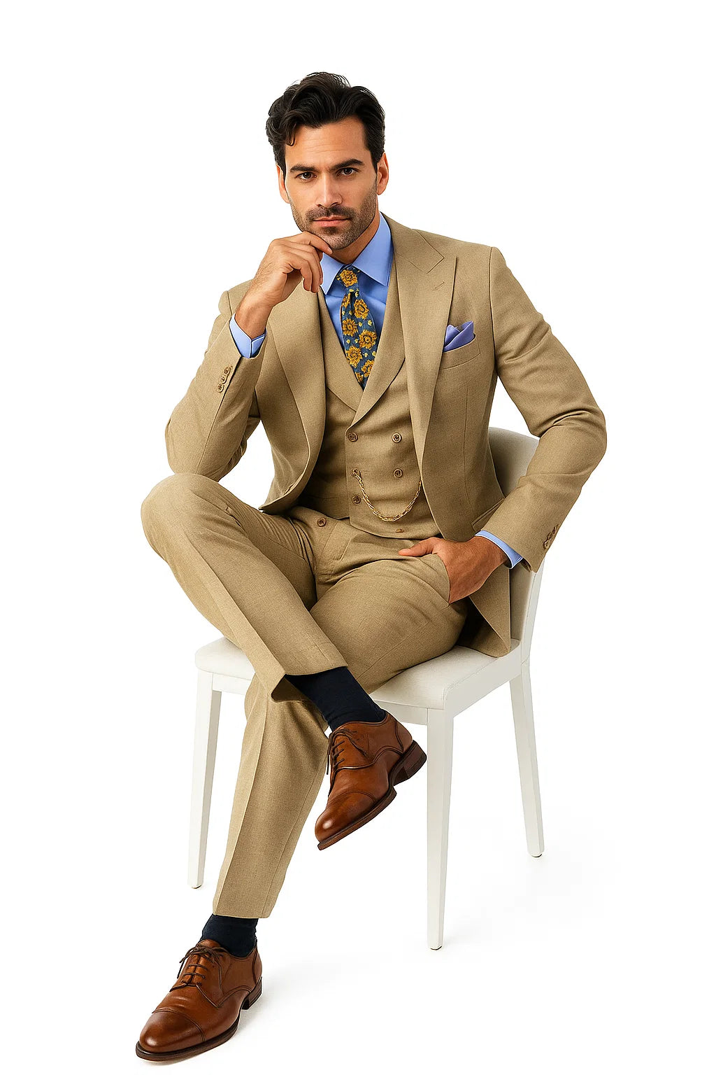 Taupe Modern Fit 3-Piece Suit with Lapel Vest & Adjustable Pants - Taupe