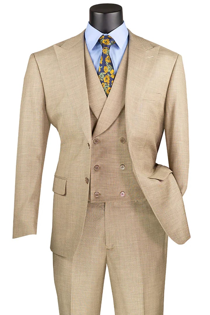 Cheap priced Suit - Men's Summer Sharkskin Taupe Suit With Double Breasted Vest - 38 Short Jacket+32 Waist Adjustable 28to34)(Height: 5 4 to5 7 )(Neck  15-16.5)S-M)