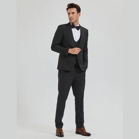 New Tazio Birdseye Textured Black Tuxedo | Shawl Collar Satin Trim 3-Piece