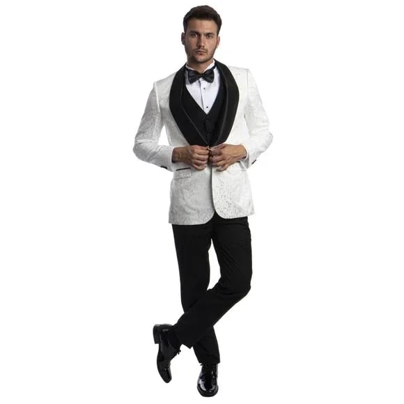 White Paisley Tuxedo Suit w/ Black Satin Shawl Collar by Tazio - 38 Short Jacket+32 Waist Adjustable 28to34)(Height: 5 4 to5 7 )(Neck  15-16.5)S-M)