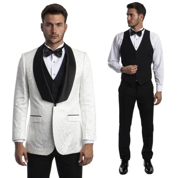 White Paisley Tuxedo Suit w/ Black Satin Shawl Collar by Tazio