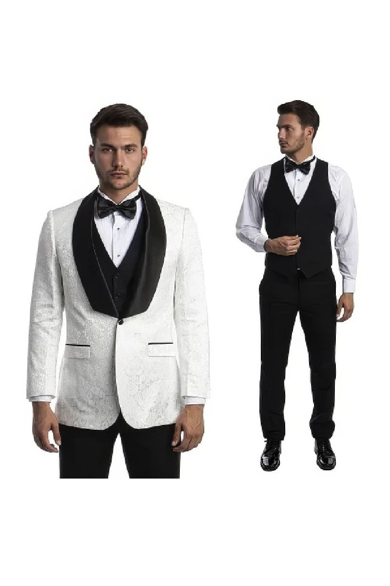 White Paisley Tuxedo Suit w/ Black Satin Shawl Collar by Tazio - 38 Short Jacket+32 Waist Adjustable 28to34)(Height: 5 4 to5 7 )(Neck  15-16.5)S-M)