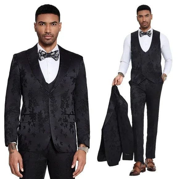 2026 Floral Mens 3PC Suit w/ Double Breasted Prom 2026 Vest by Tazzio, Black - 38 Short Jacket+32 Waist Adjustable 28to34)(Height: 5 4 to5 7 )(Neck  15-16.5)S-M)