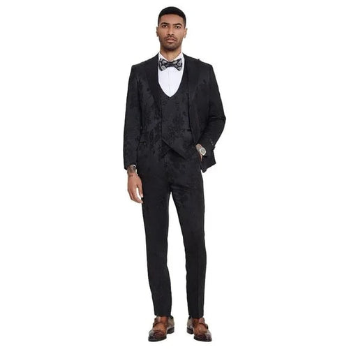 2026 Floral Mens 3PC Suit w/ Double Breasted Prom 2026 Vest by Tazzio, Black