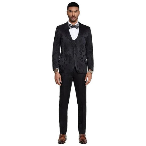 2026 Floral Mens 3PC Suit w/ Double Breasted Prom 2026 Vest by Tazzio, Black