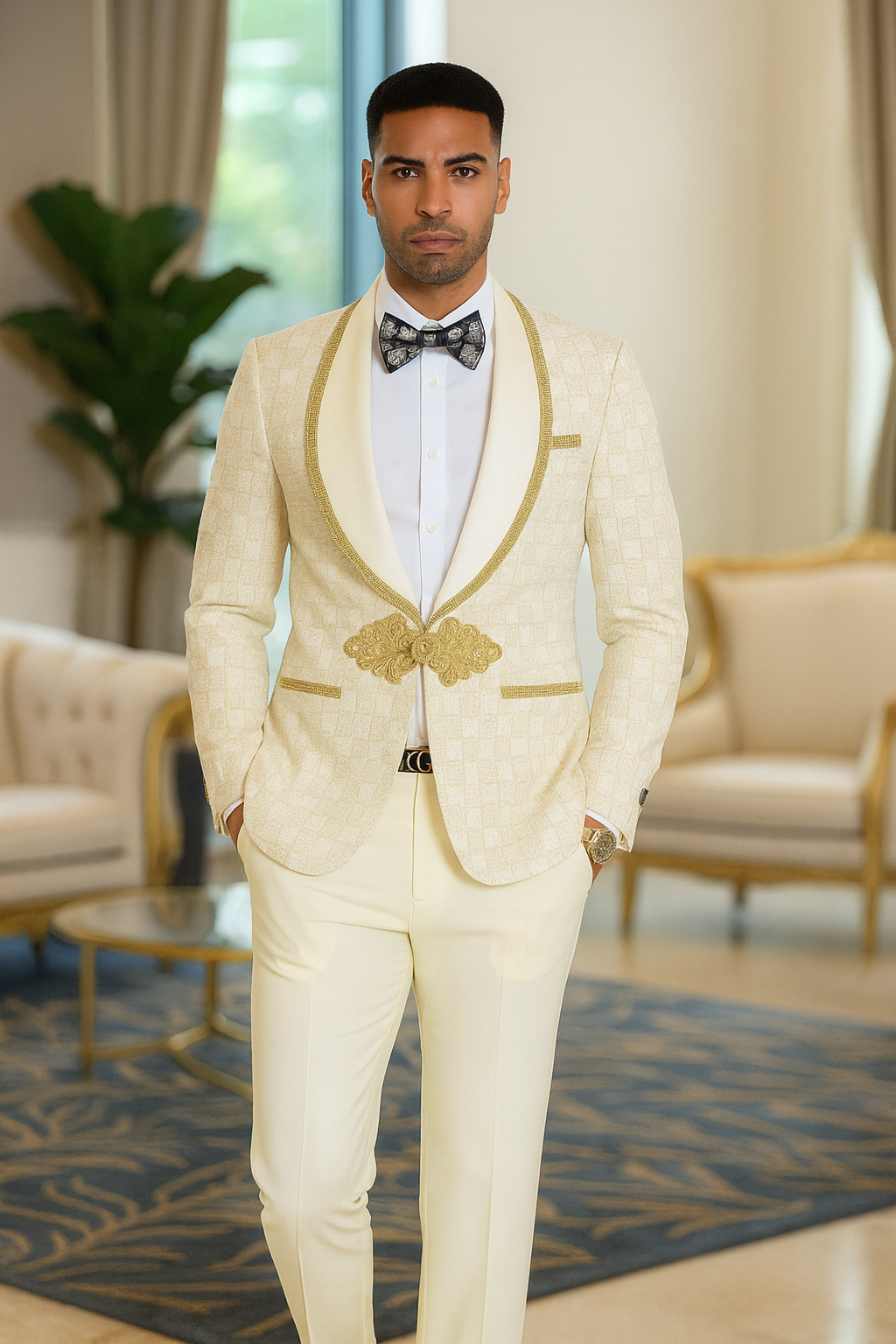 2025 Ivory and Gold 2pc Men's Prom 2025 Suit by Tazzio - 38 Short Jacket+32 Waist Adjustable 28to34)(Height: 5 4 to5 7 )(Neck  15-16.5)S-M)