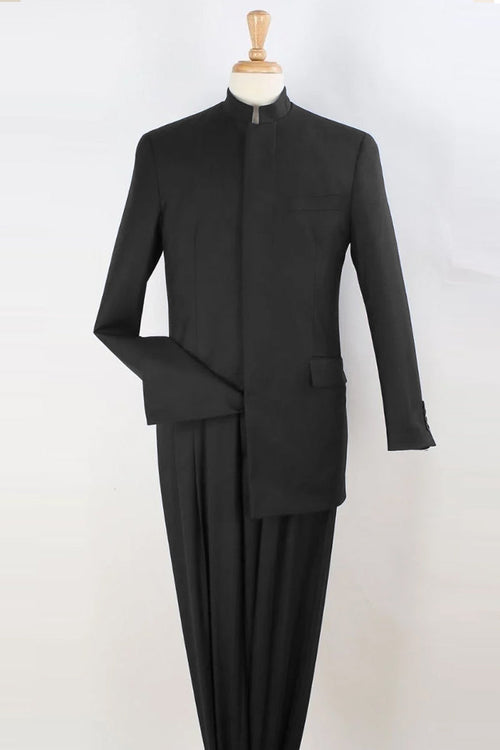 Apollo King "Black Mandarin Banded Collar Suit for Men - French Front Style"