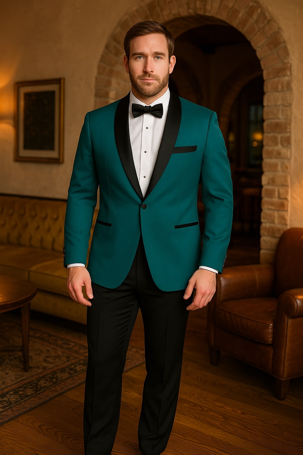 Teal Velvet Tuxedo for Men â€“ One Button Black Satin Lapel Formal Suit with Bow Tie - 34 Short or Extra Small