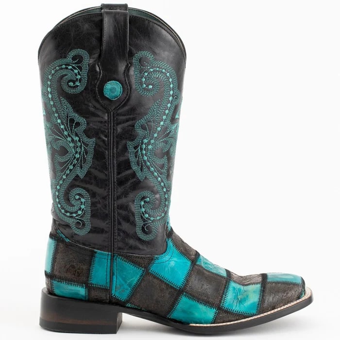 Ferinni Boot - Mens Dress Cowboy Boot  - Ferrini Men's Patchwork Square Toe Boots Handcrafted   in  Black/Teal Color - 8D