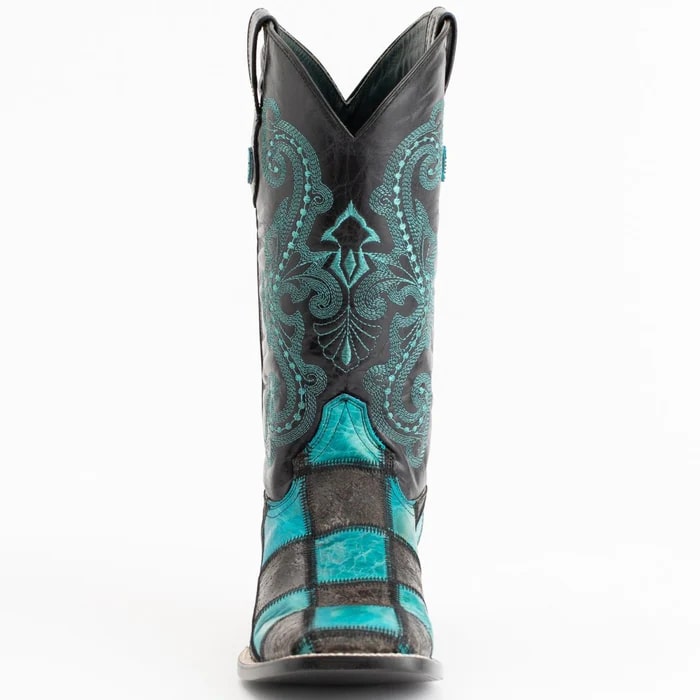 Ferinni Boot - Mens Dress Cowboy Boot  - Ferrini Men's Patchwork Square Toe Boots Handcrafted   in  Black/Teal Color - 8D