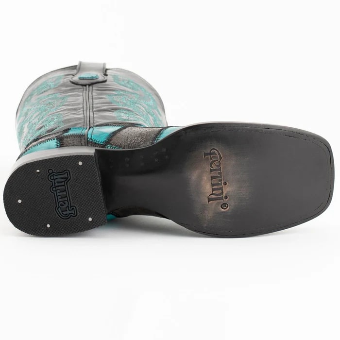 Ferinni Boot - Mens Dress Cowboy Boot  - Ferrini Men's Patchwork Square Toe Boots Handcrafted   in  Black/Teal Color - 8D